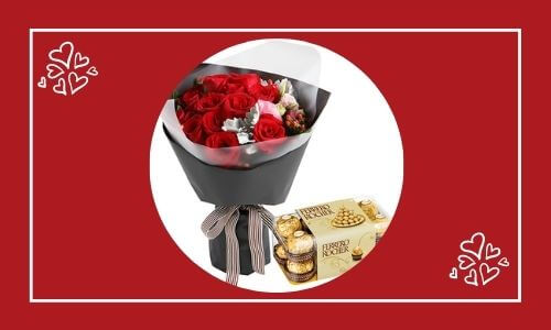 chocolate box and red roses bouquet