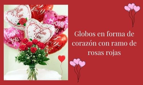 heart shape balloons with red rose bouquet