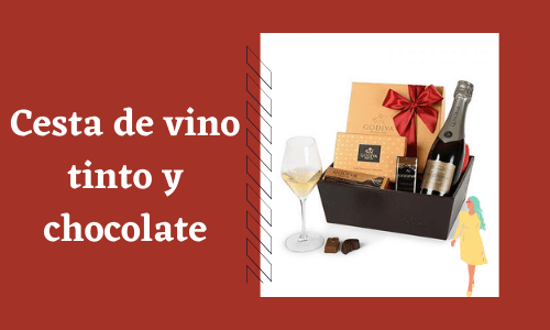 Cesta de chocolate y vino tinto