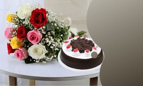 colorful roses with blackforest cake