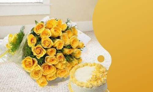 yellow roses and butterstoch cake