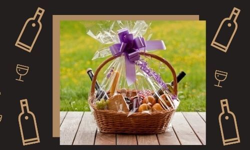 wine fruitbasket and greeting card